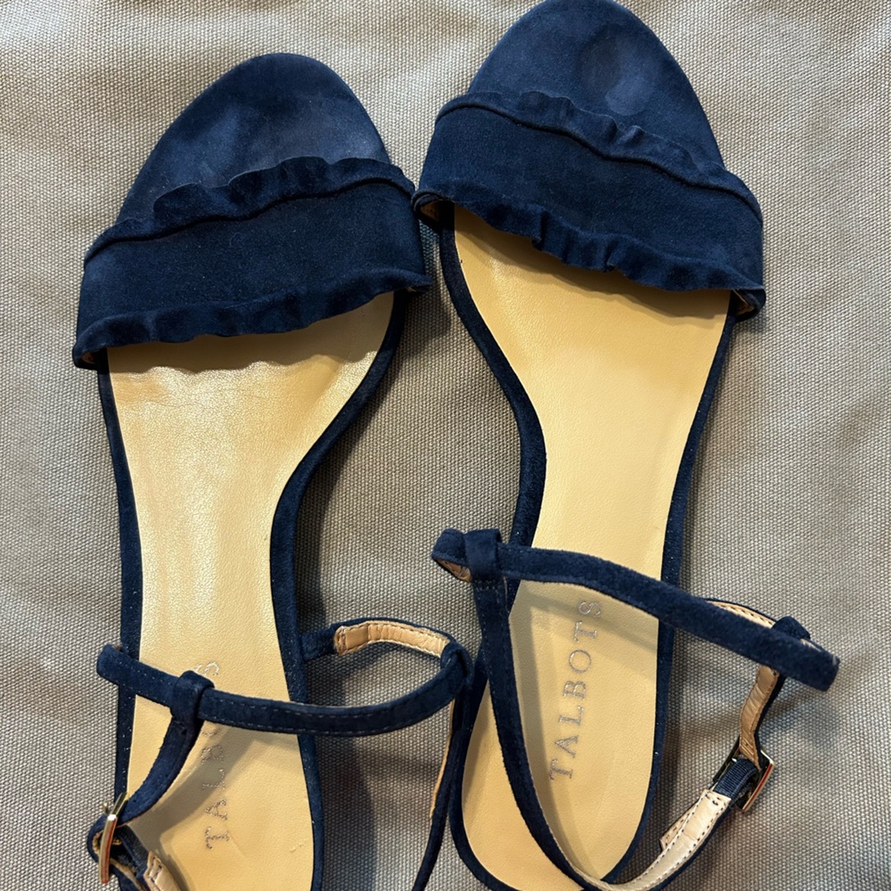 Talbots Blue Suede Wedge Sandals with Ruffled Strap and Ankle Buckle